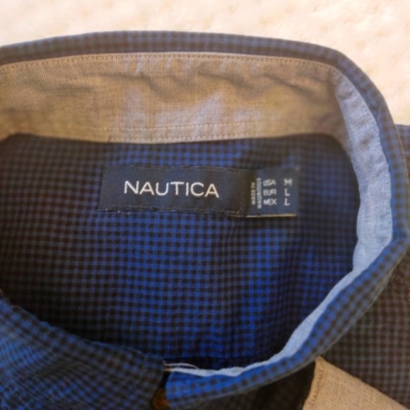 NAUTICA Black/Navy Micro Gingham Pattern Long Sleeve Button Down Sz. M - Picture 3 of 4